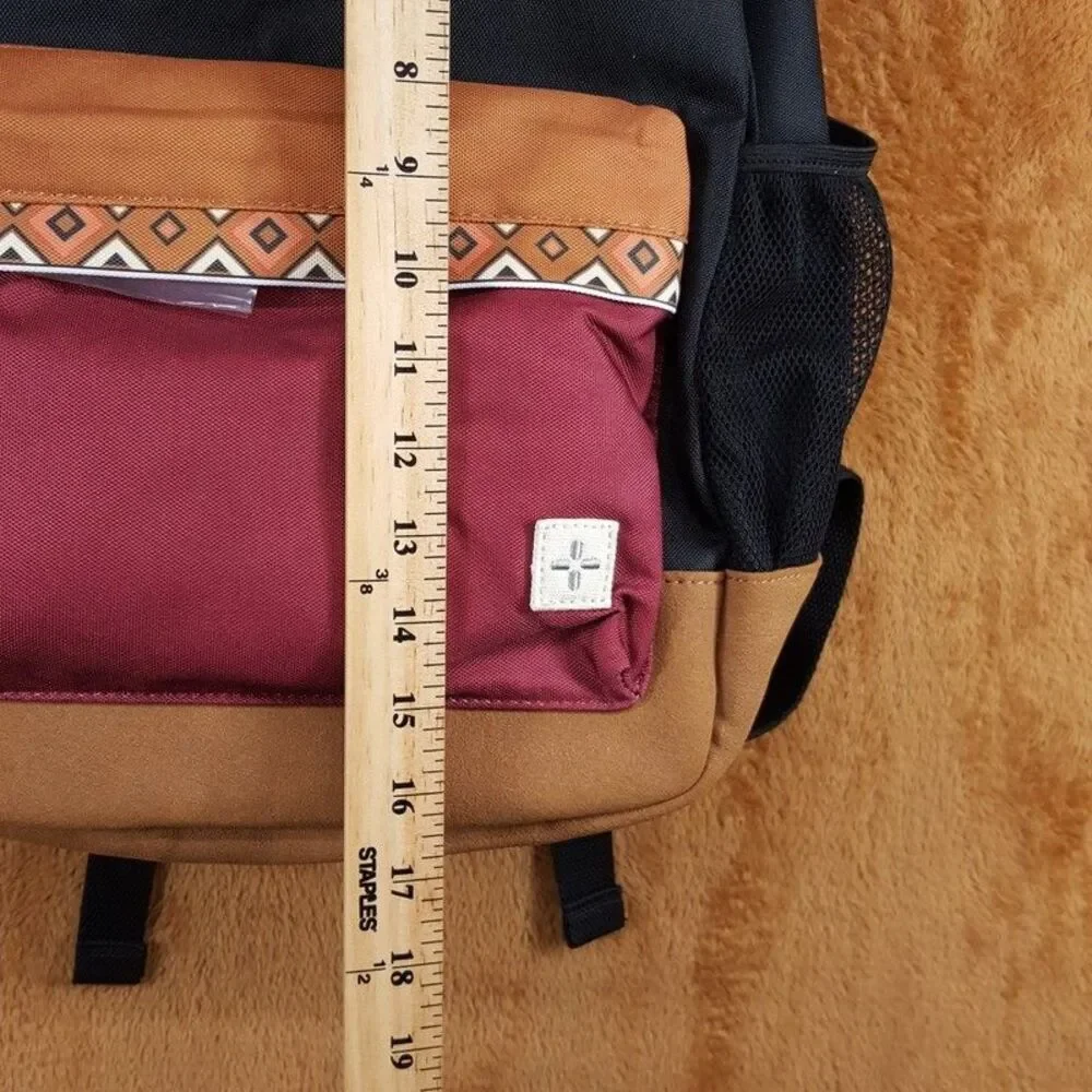 SUN + STONE Black Maroon Backpack Colorblock Canvas School Laptop Bookbag RILEY